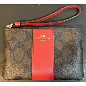 Coach Signature PVC Leather Corner Zip Wristlet F54460 Brown/True Red